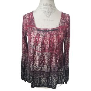 Emma James Boho Graphic Square Neckline w Rhinestones Long Sleeved Blouse Shirt